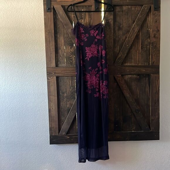 VINTAGE FLOWER PRINT MESH PANEL LACE UP BACK SLIP MAXI DRESS - BLACK - Picture 6 of 13